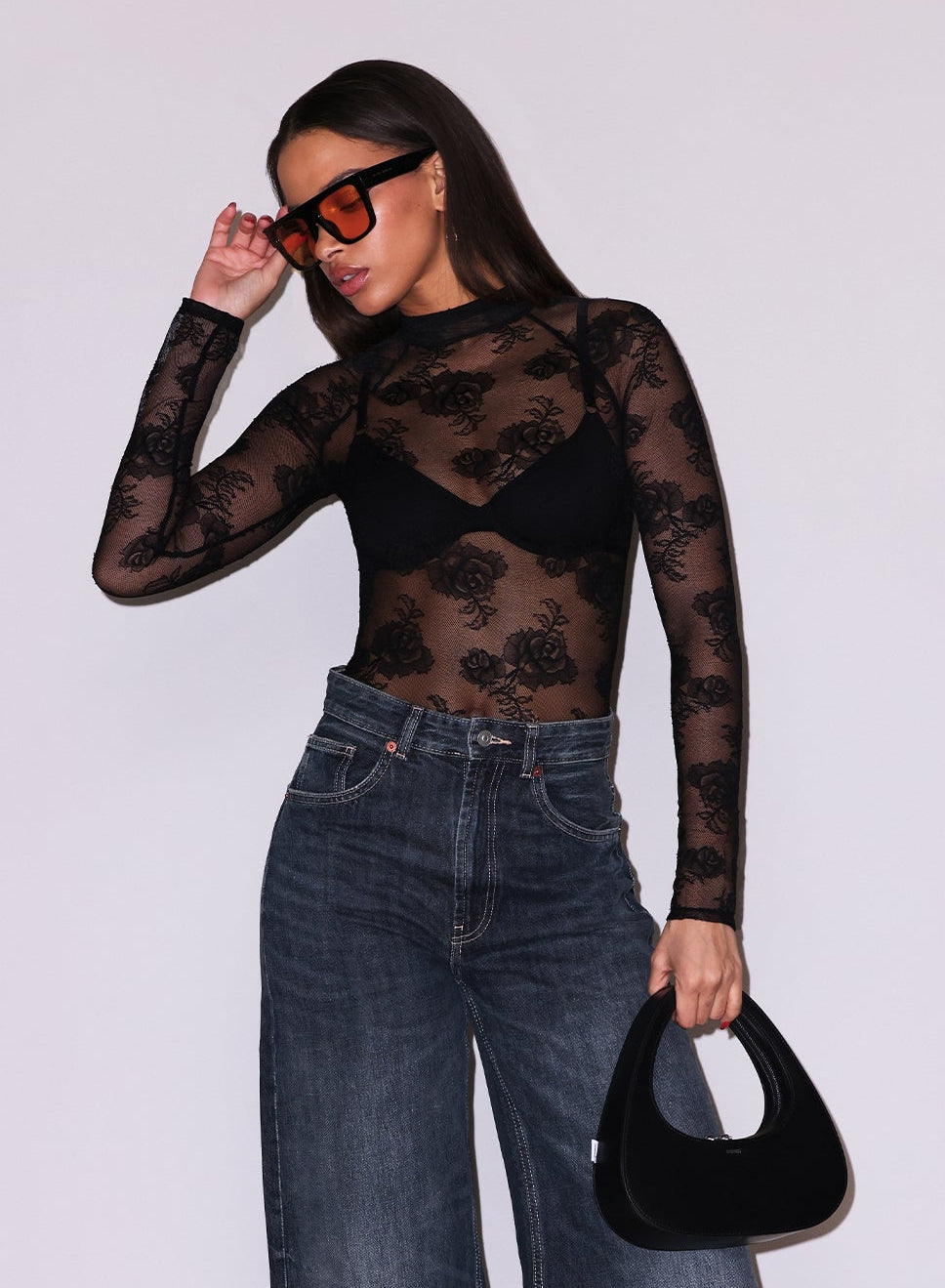 Black Mock Neck Lace Bodysuit | Fleur du Mal