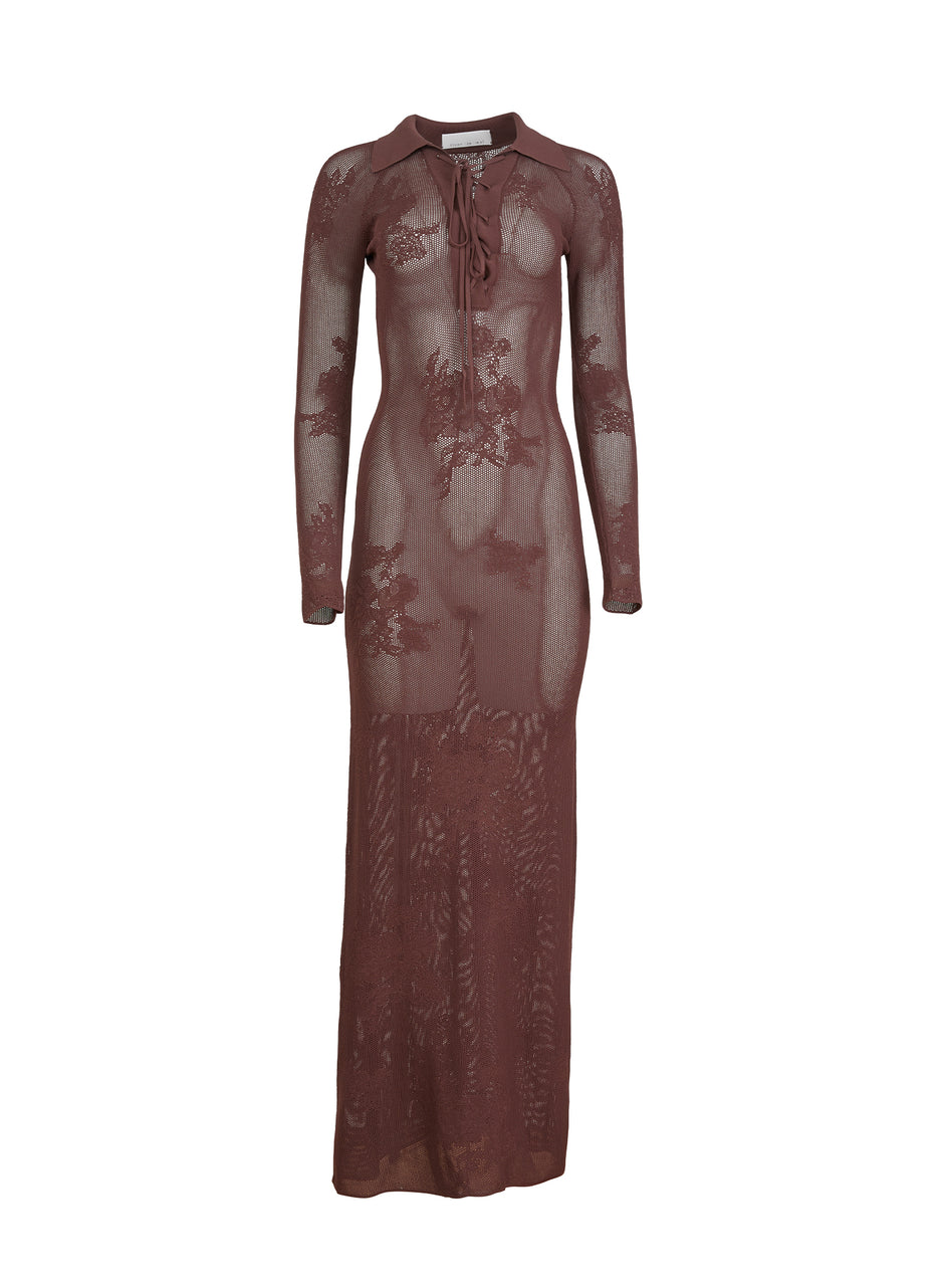 Cognac - Lace Pointelle Long Sleeve Dress | Fleur du Mal