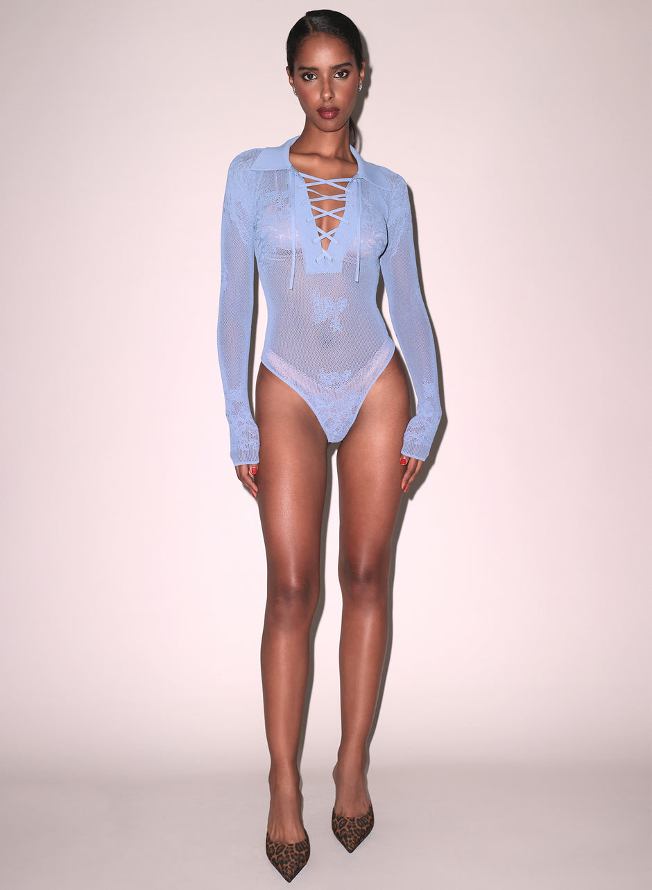 Slate blue - Lace Pointelle Collared Bodysuit | Fleur du Mal