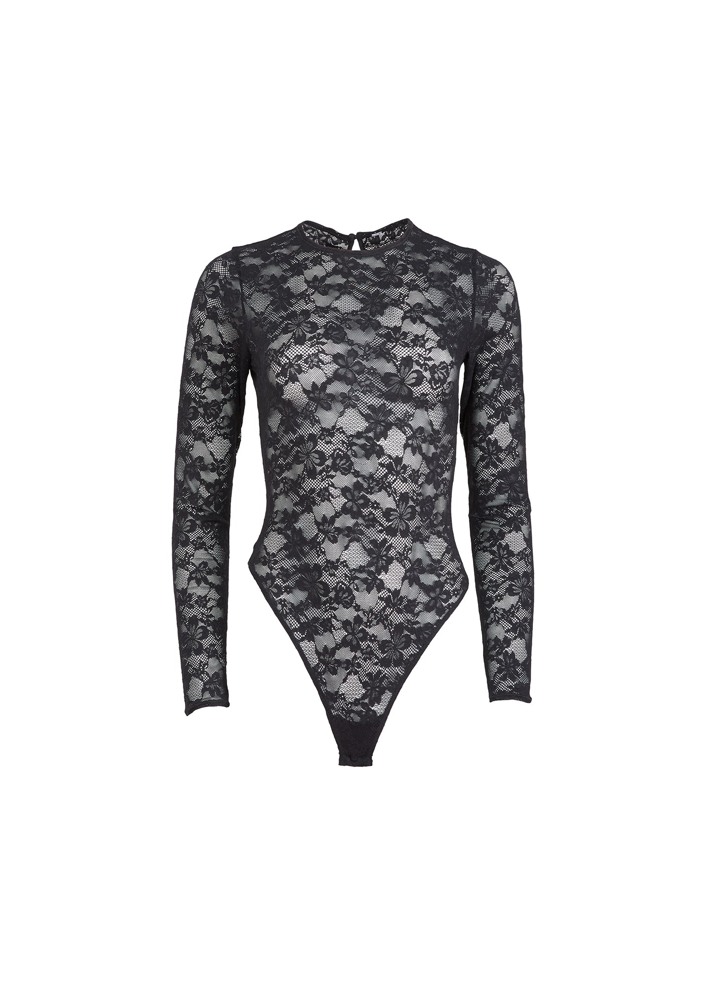 Le Stretch Lace Long Sleeve Bodysuit-black-flat