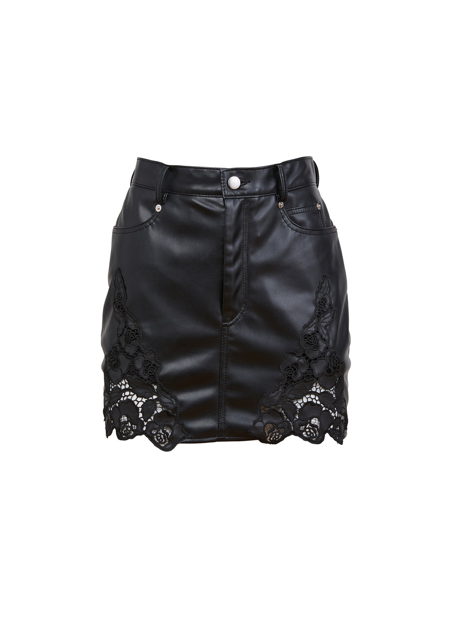 Black - Vegan Leather Guipure Mini Skirt | Fleur du Mal