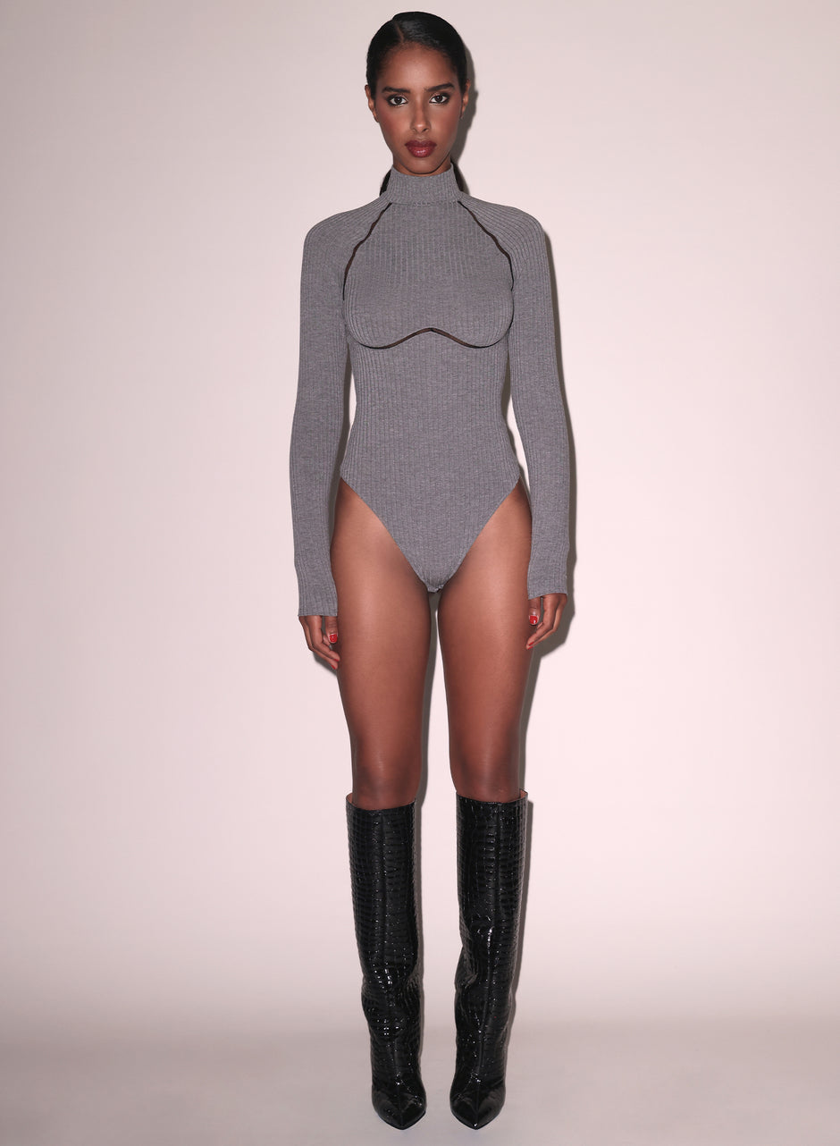 Heather grey - Rib Bodysuit with Lattice Trim | Fleur du Mal