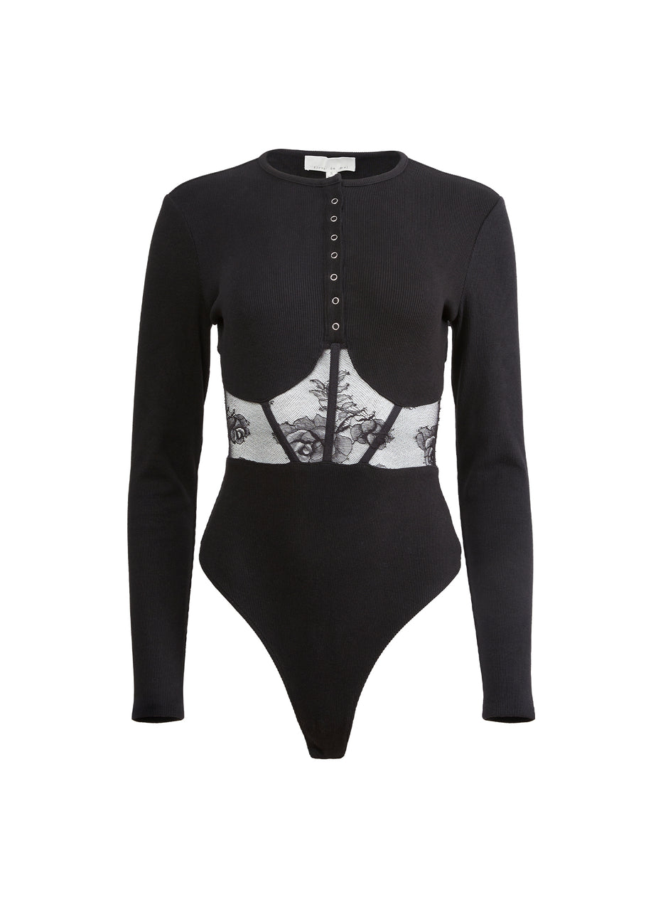 Black - Rib &amp; Bouquet Lace Underbust Bodysuit | Fleur du Mal