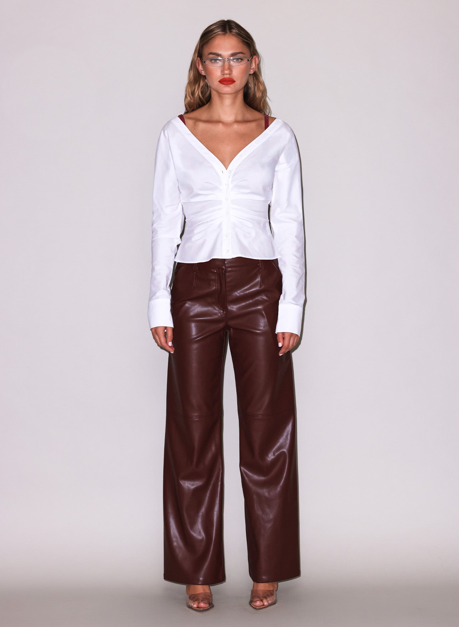 Ruched V-Neck Shirt-white-FDM