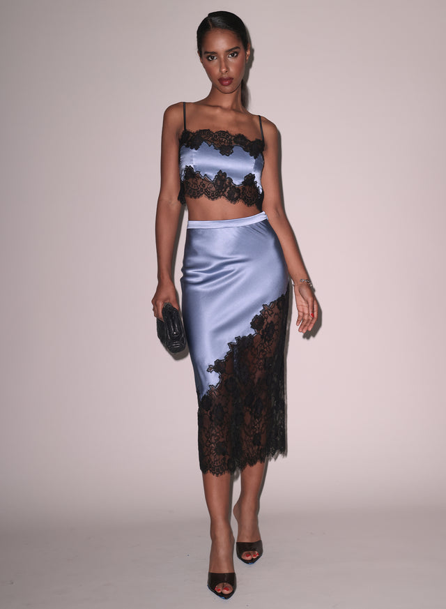 Denim blue - Silk &amp; Lace Scallop Midi Skirt | Fleur du Mal