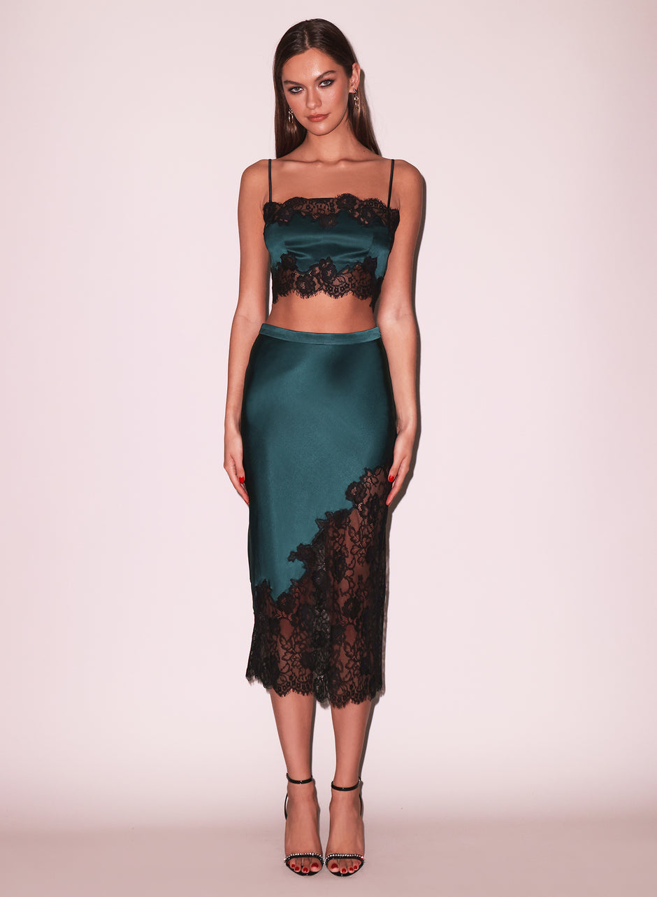 Evergreen - Silk &amp; Lace Scallop Midi Skirt | Fleur du Mal