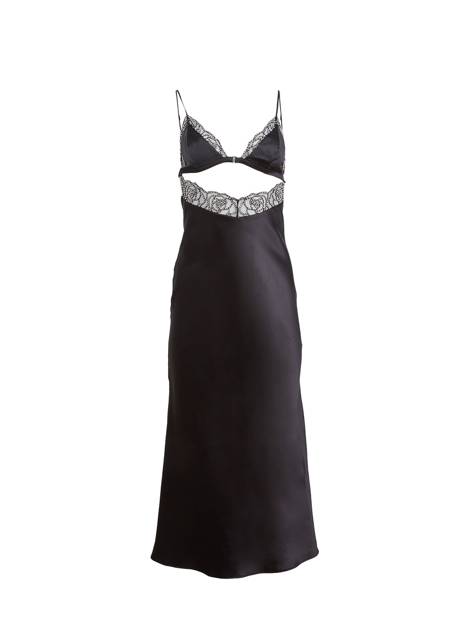 Black - Beaded Rose Embroidery Silk Dress | Fleur du Mal