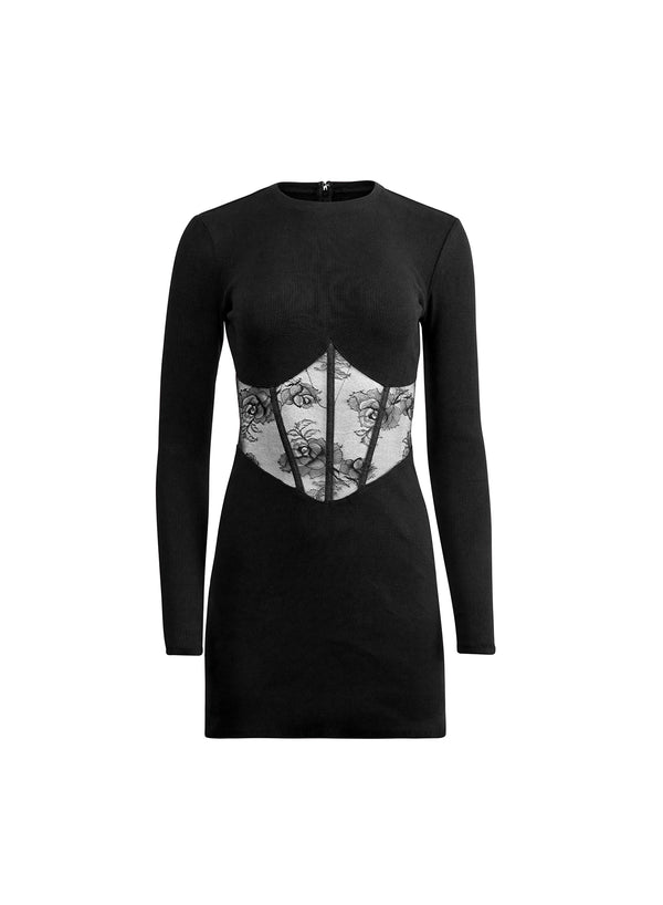 Black - Rib and Bouquet Lace Boned Dress | Fleur du Mal