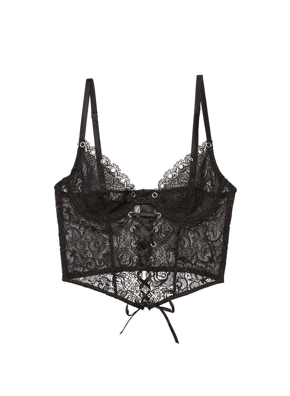 Black - Eyelet Embroidery Lace Up Bustier | Fleur du Mal