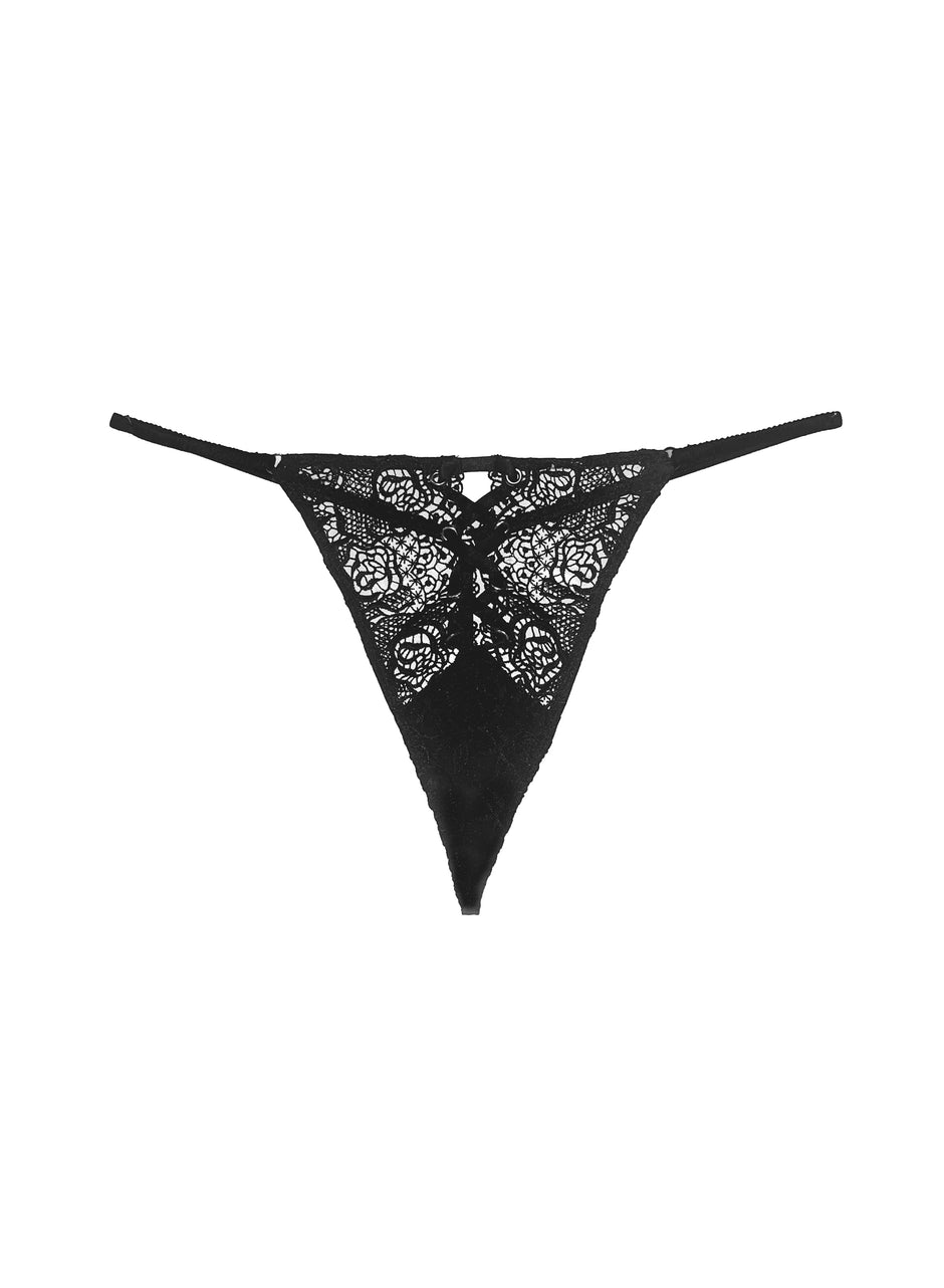 Black - Eyelet Embroidery Lace Up V-String | Fleur du Mal