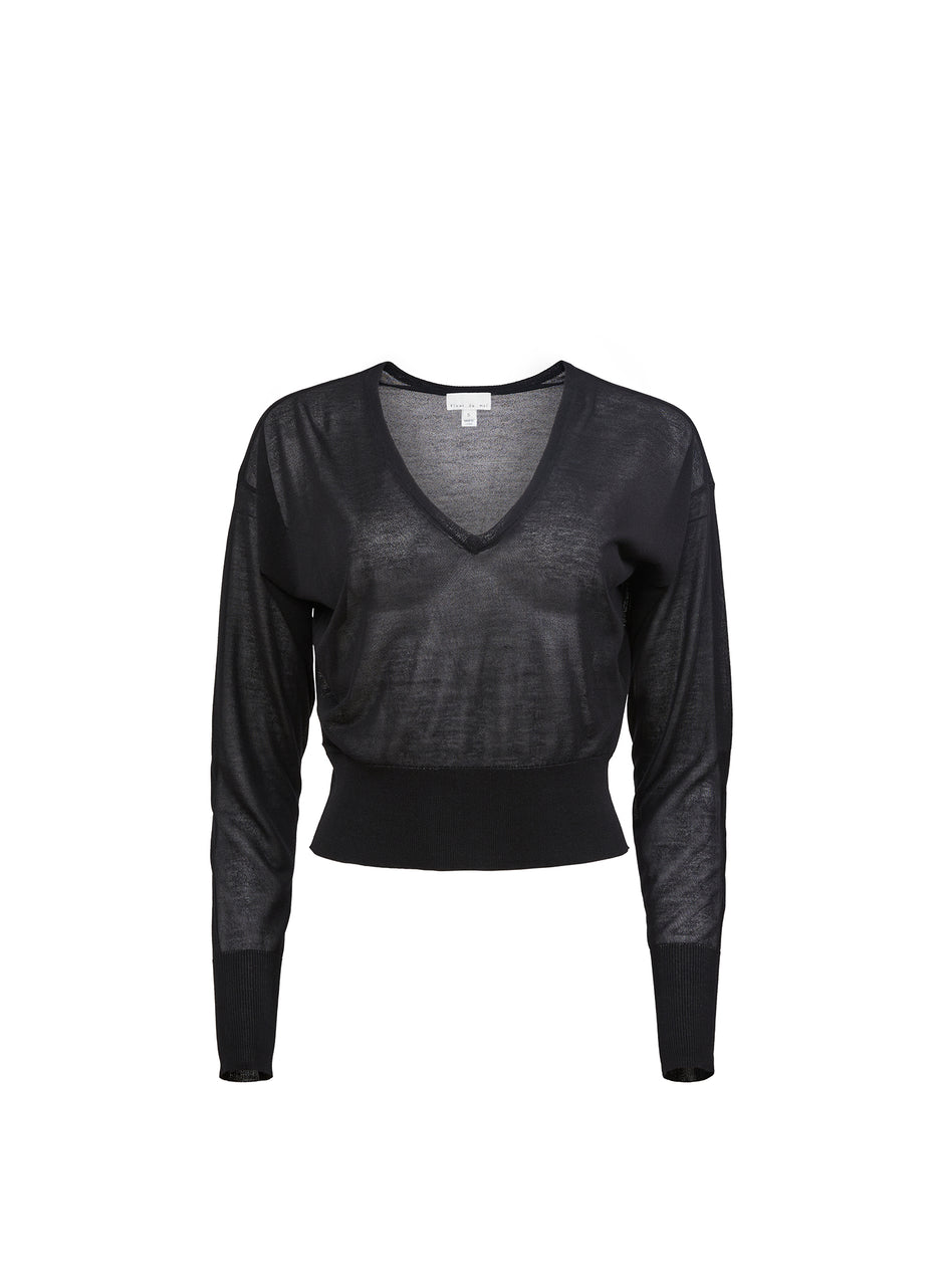 Black - Sheer Knit V-Neck Sweater | Fleur du Mal