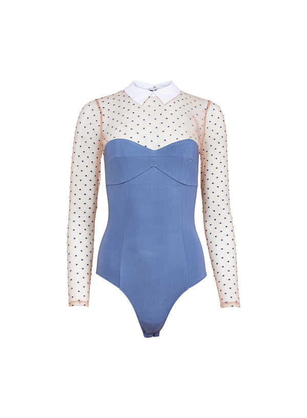Blue haze - Collared Bodysuit with Dotted Tulle | Fleur du Mal