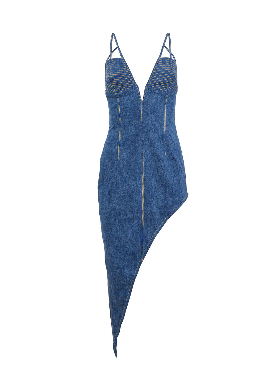 Medium wash denim - Asymmetric Denim High Leg Dress | Fleur du Mal