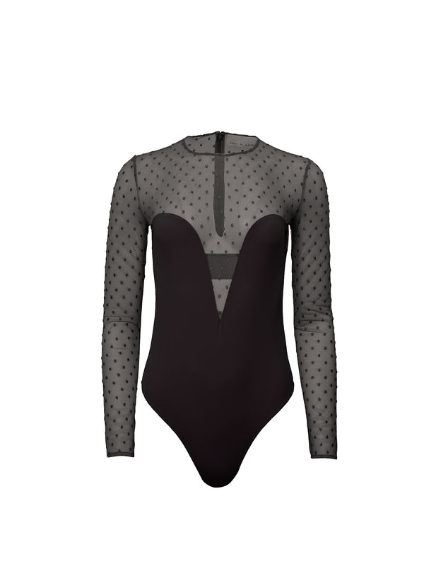 Long Sleeve Lace and Mesh Cheeky Teddy - Black