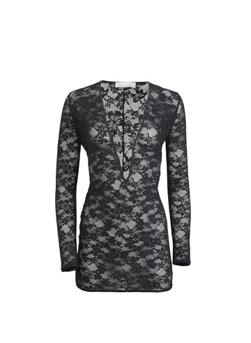 Black - Le Stretch Lace Plunge Mini Dress | Fleur du Mal