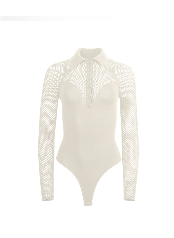 Ecru - Knit Mesh Collared Bodysuit | Fleur du Mal