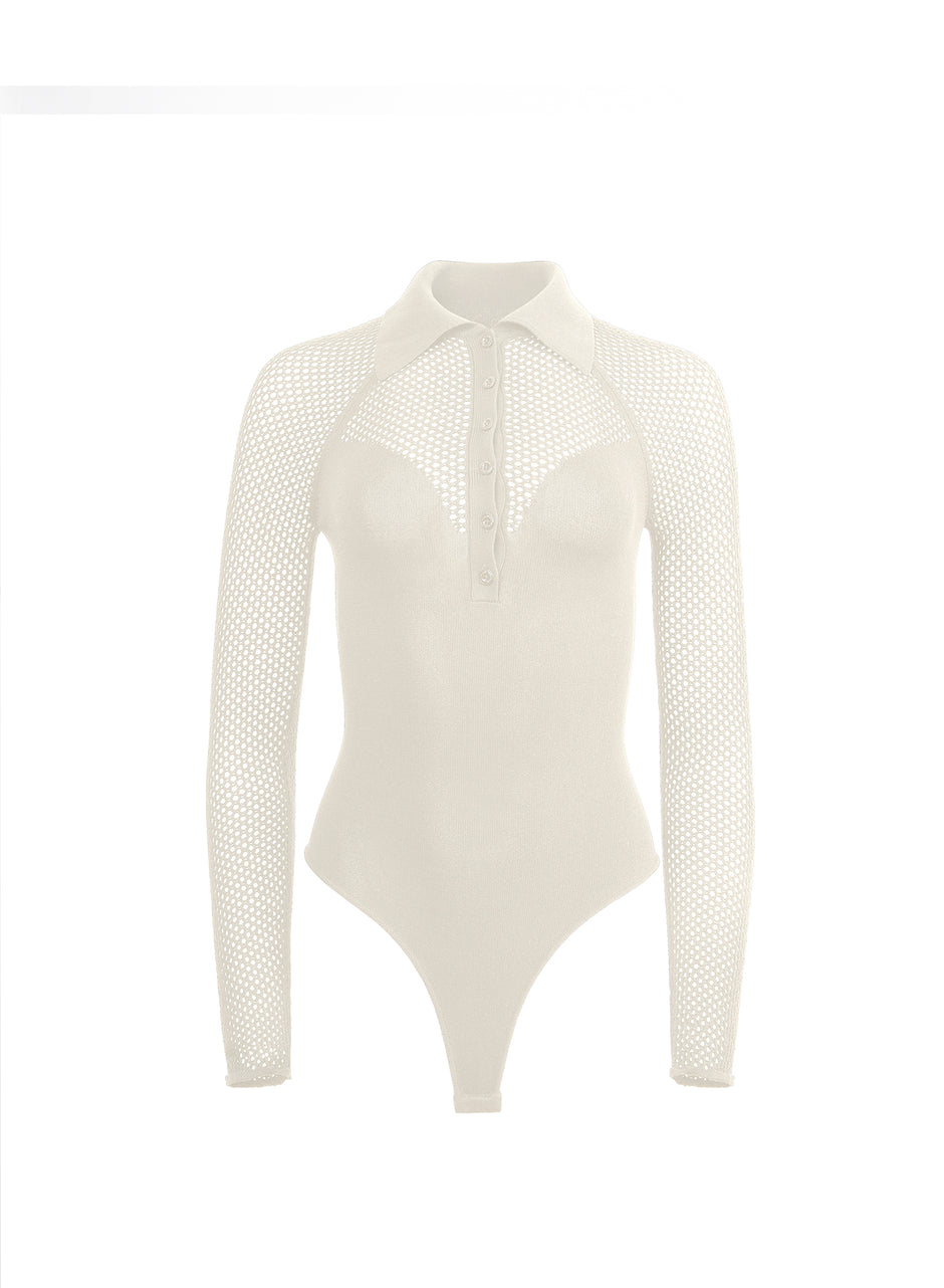 Ecru - Knit Mesh Collared Bodysuit | Fleur du Mal