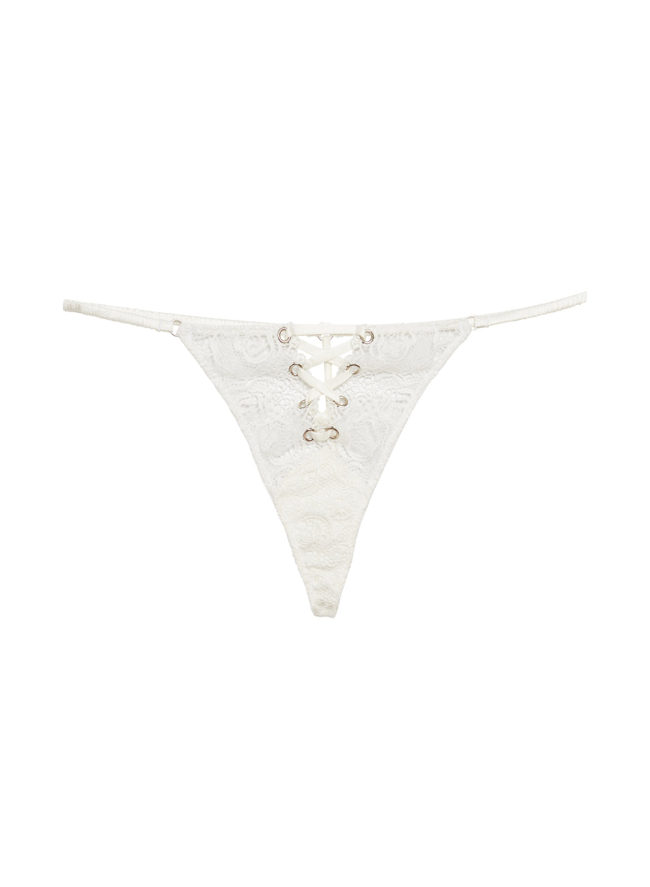 Ivory - Eyelet Embroidery Lace Up V-String | Fleur du Mal