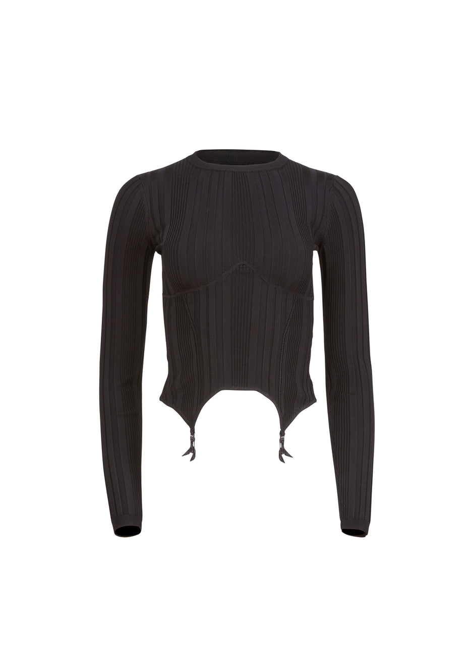 Black - Rib Long Sleeve Garter Top | Fleur du Mal