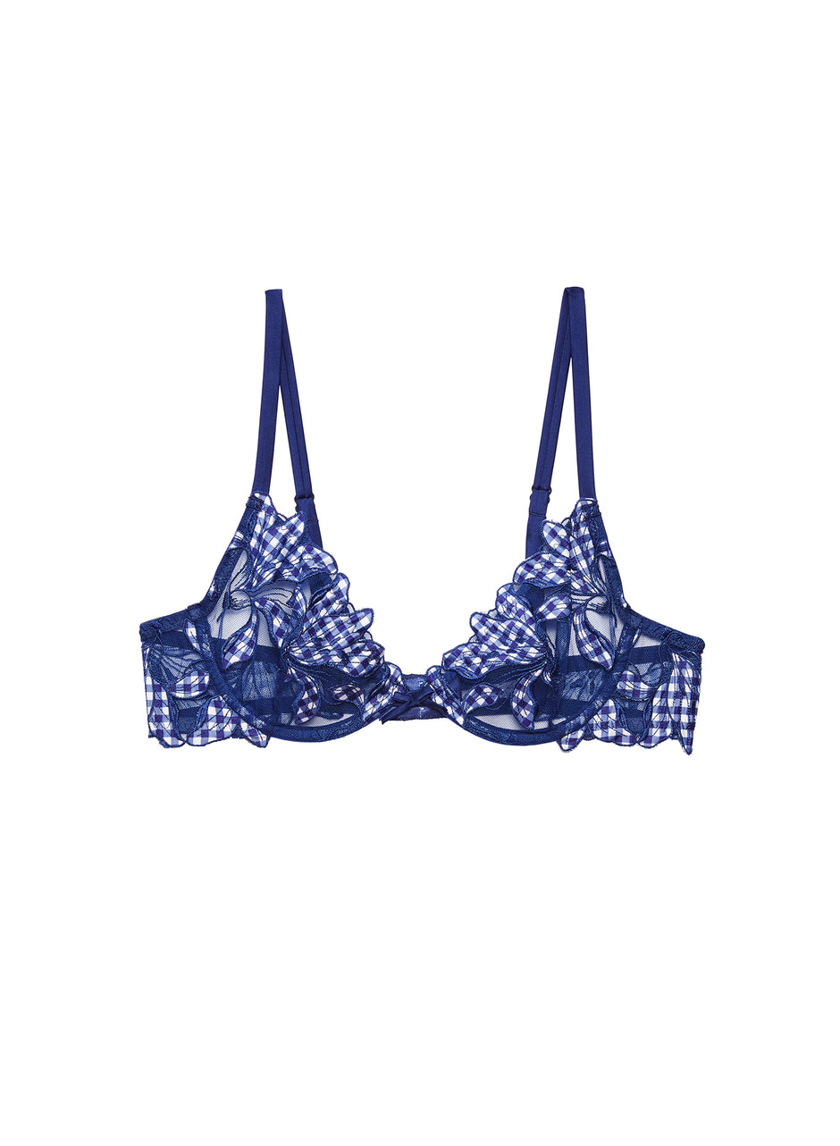 Starry blue gingham - Lily Embroidery Plunge Demi Bra | Fleur du Mal