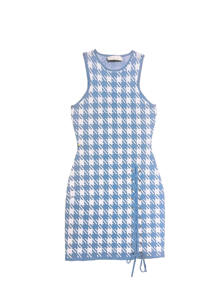 Baby blue/ivory - Houndstooth Knit Mini Dress | Fleur du Mal