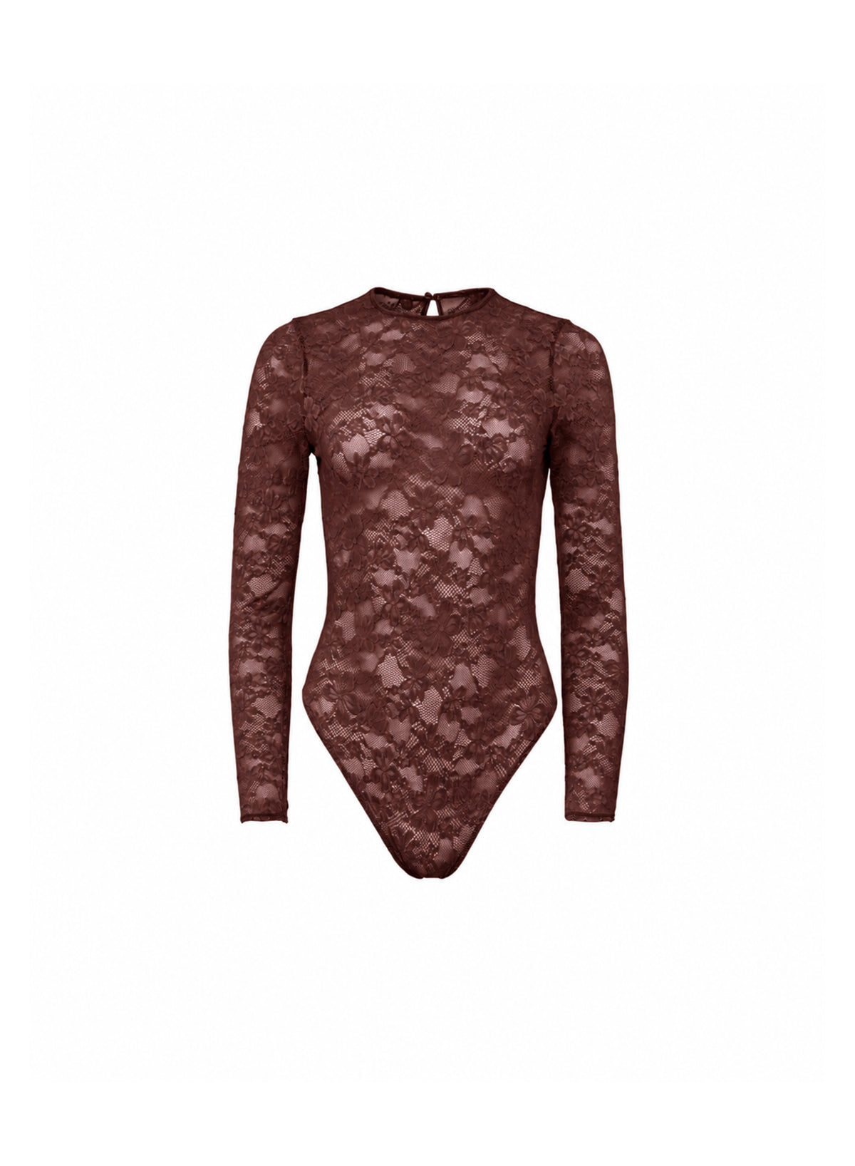 Le Stretch Lace Long Sleeve Bodysuit-cocoa plum-Fleur du Mal-flat