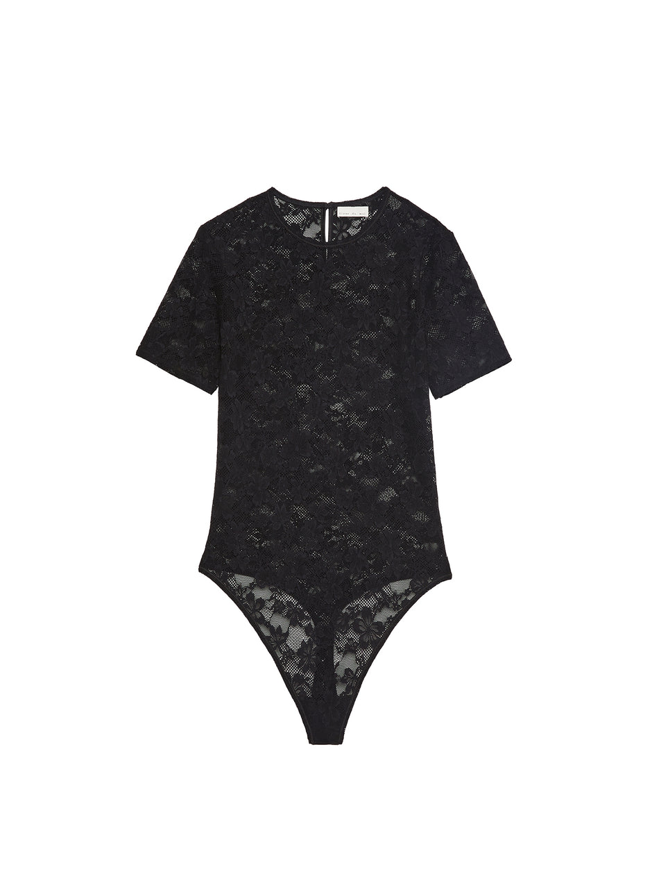 Black - Le Stretch Lace Short Sleeve Bodysuit | Fleur du Mal
