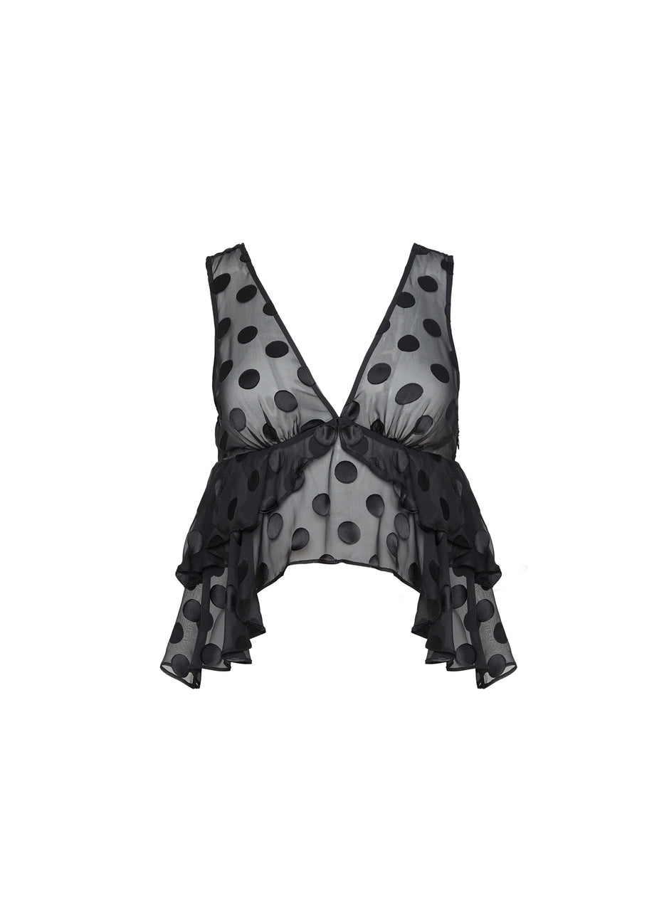 Black - Silk Dot Ruffle Top | Fleur du Mal