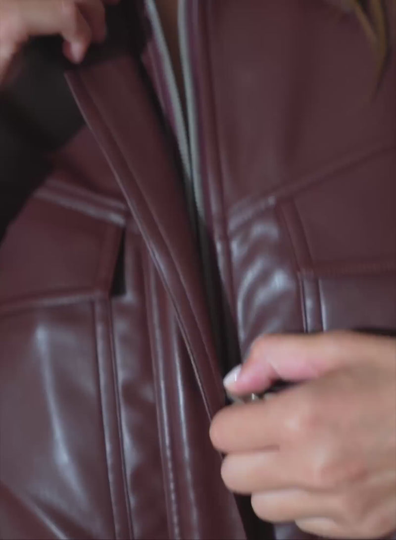 Vegan Leather Drop Waist Jacket-Brunette-Fleur du Mal-video