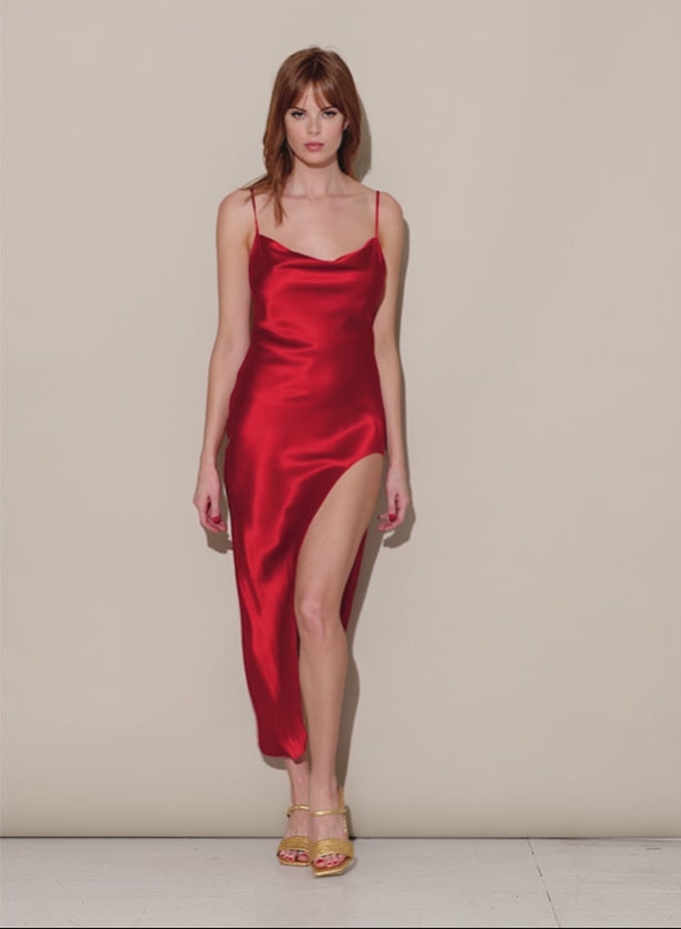 Red Cowl Neck Slip Dress with High Slit | Fleur du Mal