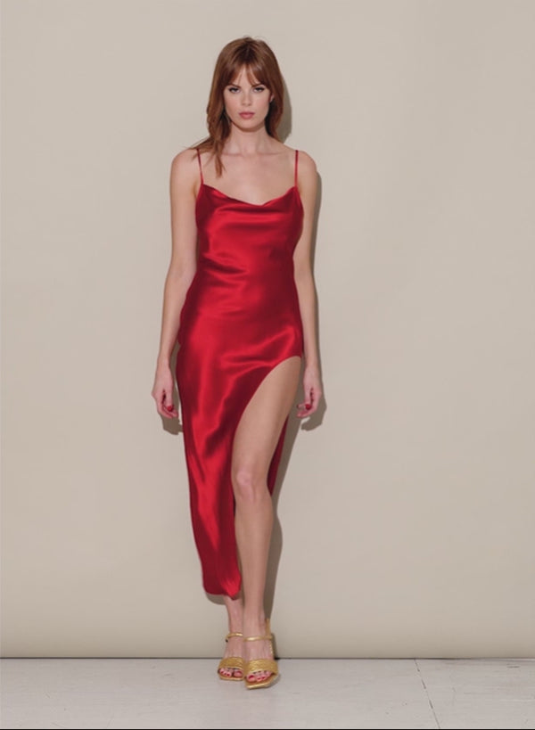 Cowl Neck Slip Dress with High Slit-rouge | Fleur du Mal