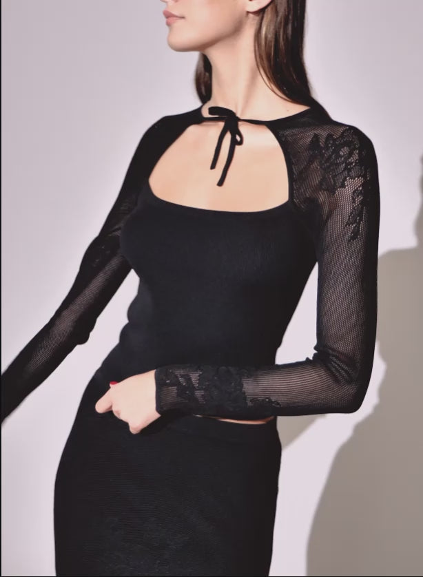 Black - Lace Pointelle Decollette Top | Fleur du Mal