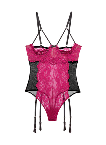 Magenta - Roxy Lace Peekaboo Garter Bodysuit | Fleur du Mal