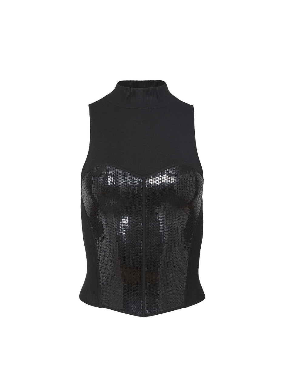 Black - Sequin Knit Bustier Top | Fleur du Mal