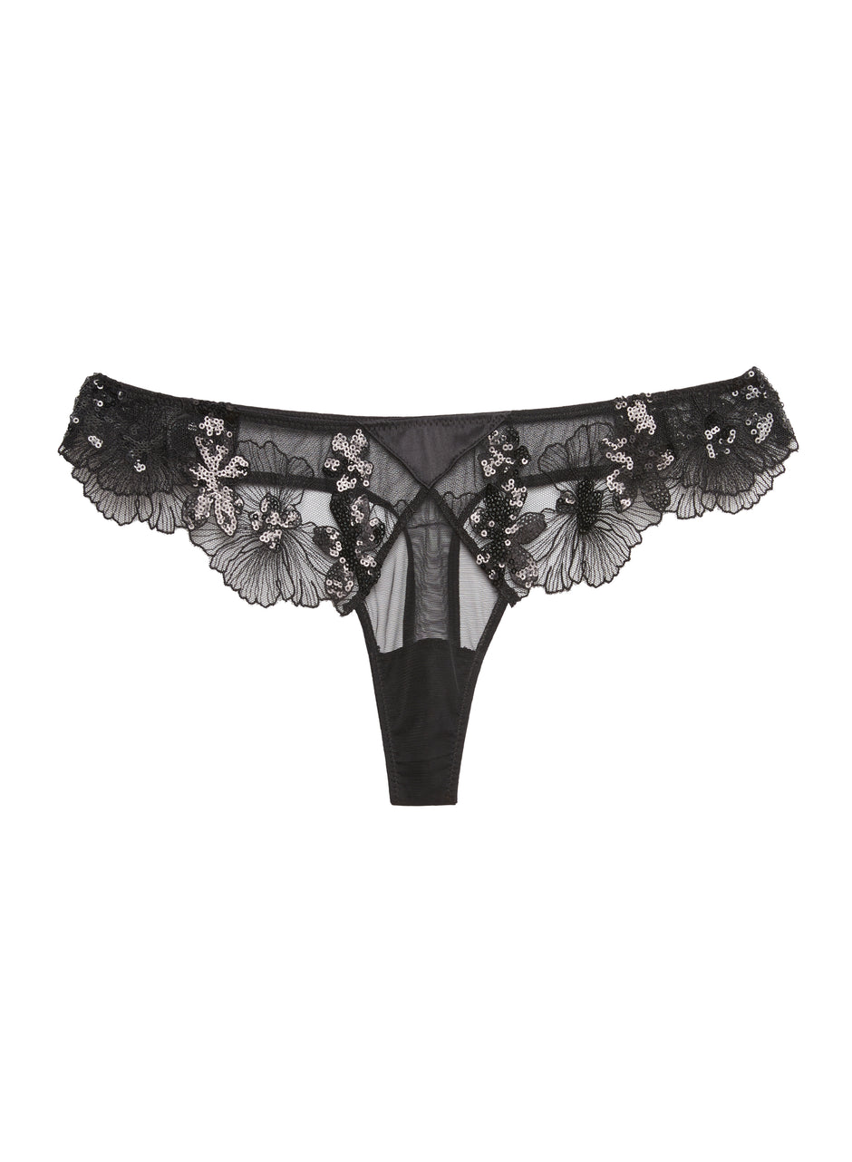 Black - Sequin Violet Embroidery Thong | Fleur du Mal