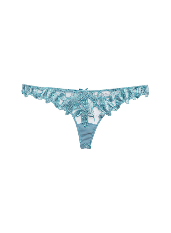 Icy teal - Velvet Lily Embroidery Thong | Fleur du Mal