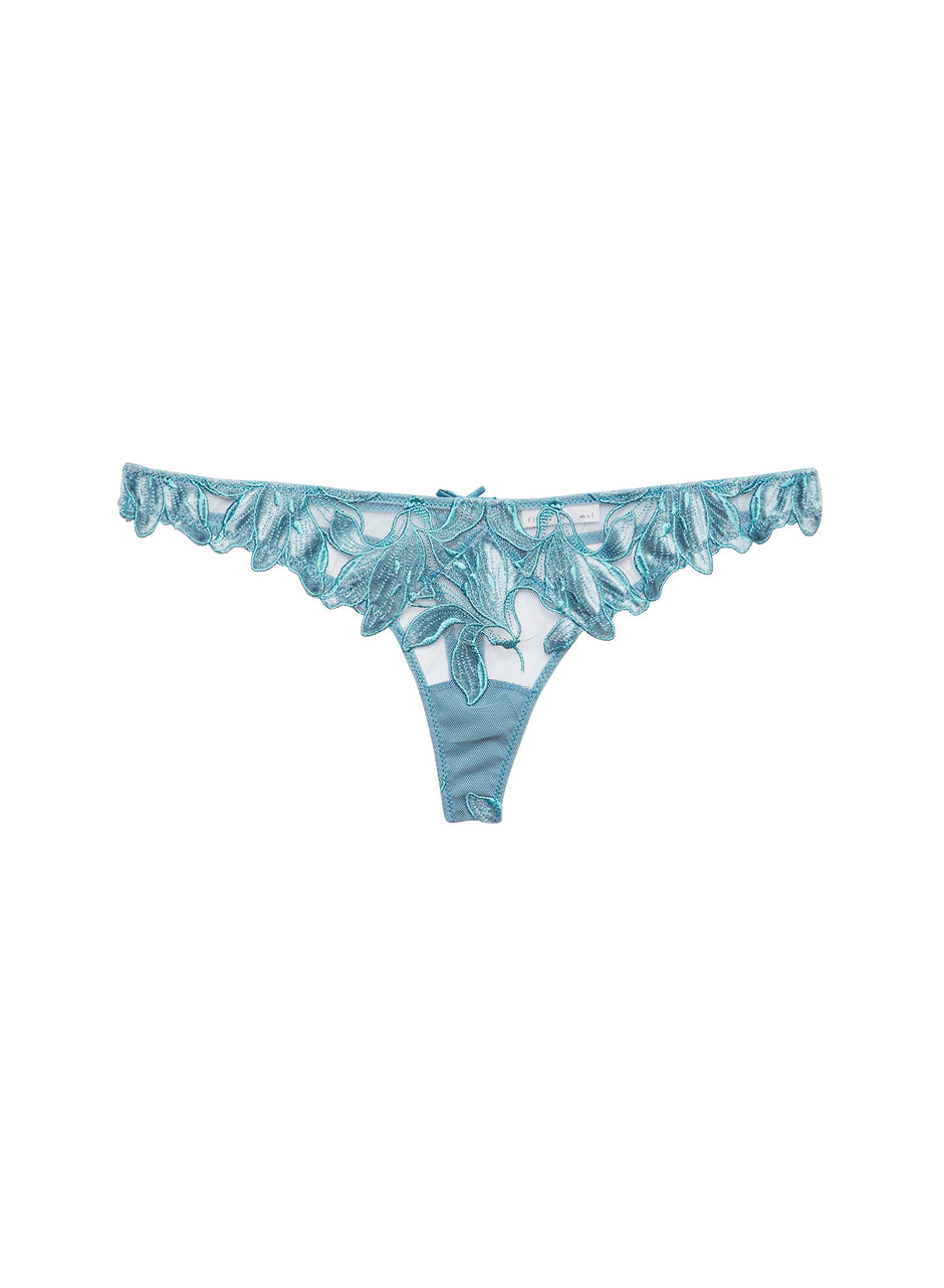 Icy teal - Velvet Lily Embroidery Thong | Fleur du Mal