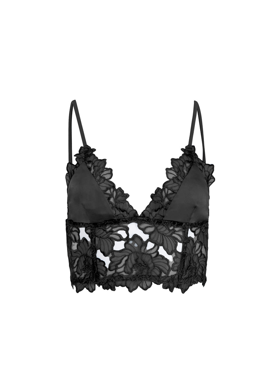 Black - Whitney Embroidery Longline Triangle Bra | Fleur du Mal