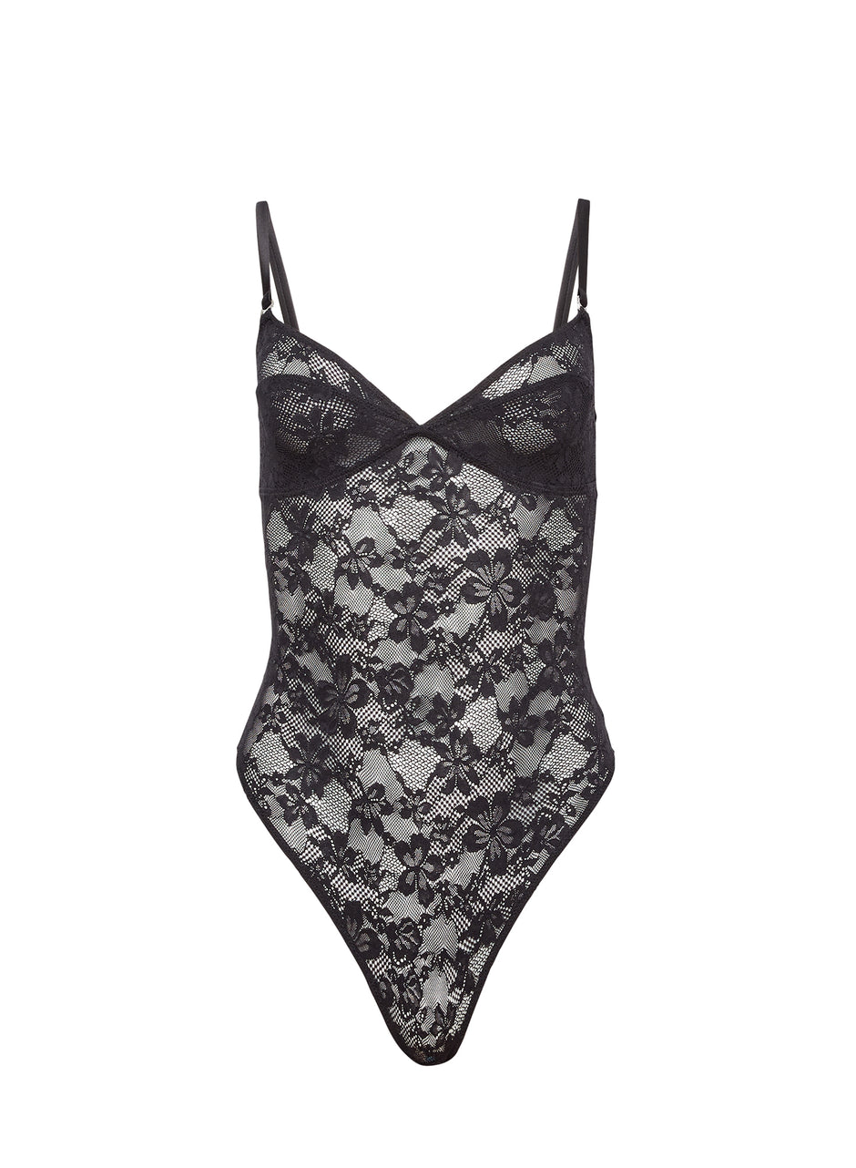 Black - Le Stretch Lace Wireless Bodysuit | Fleur du Mal