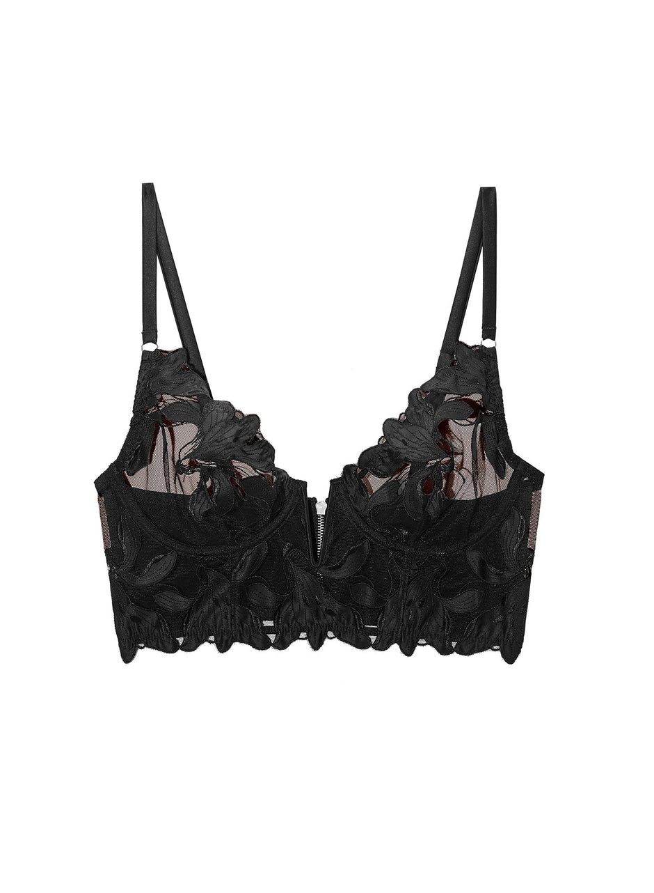 Black - Lily Embroidery Longline Demi Bra | Fleur du Mal