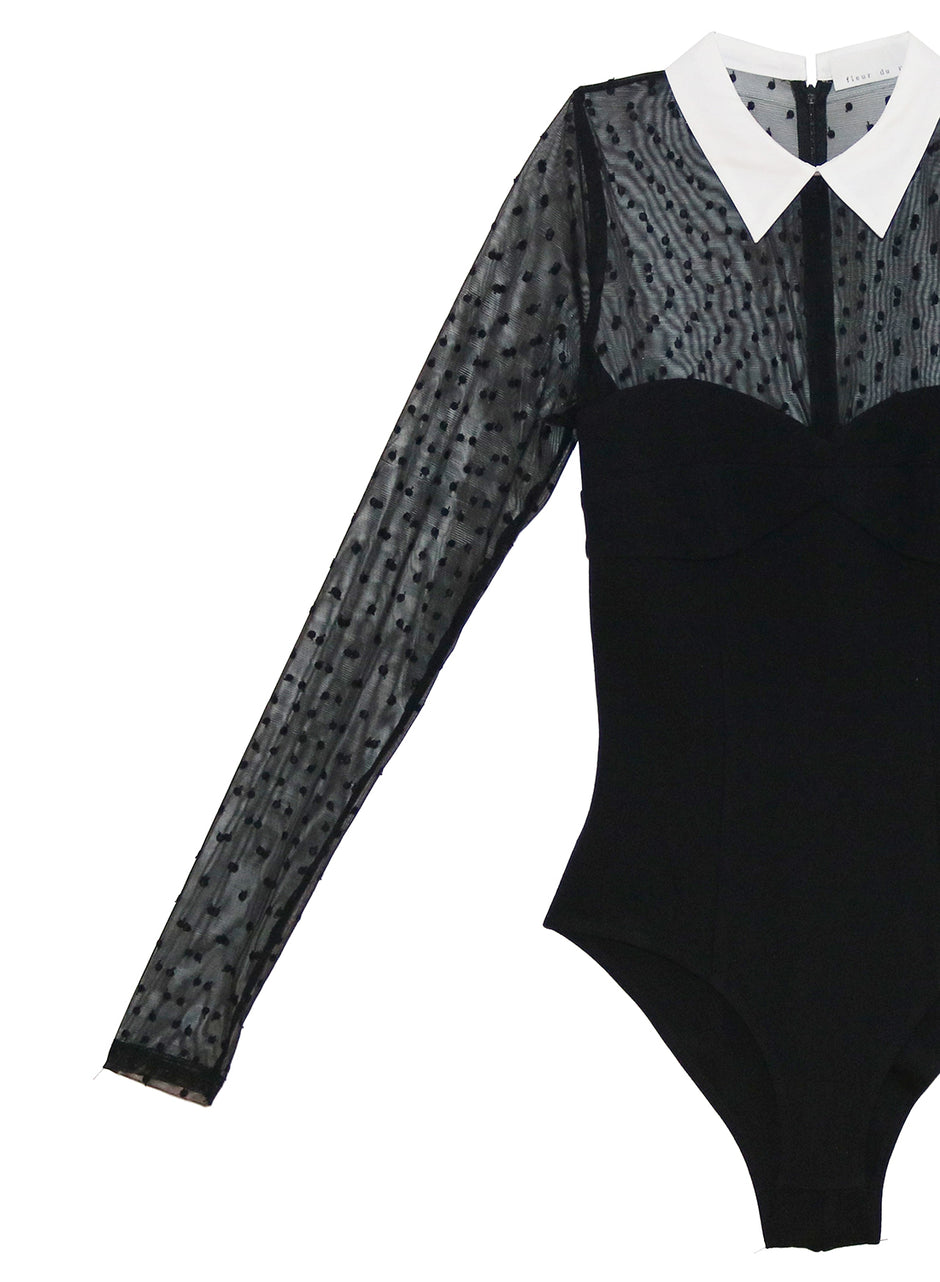 Black - Collared Bodysuit with Dotted Tulle | Fleur du Mal