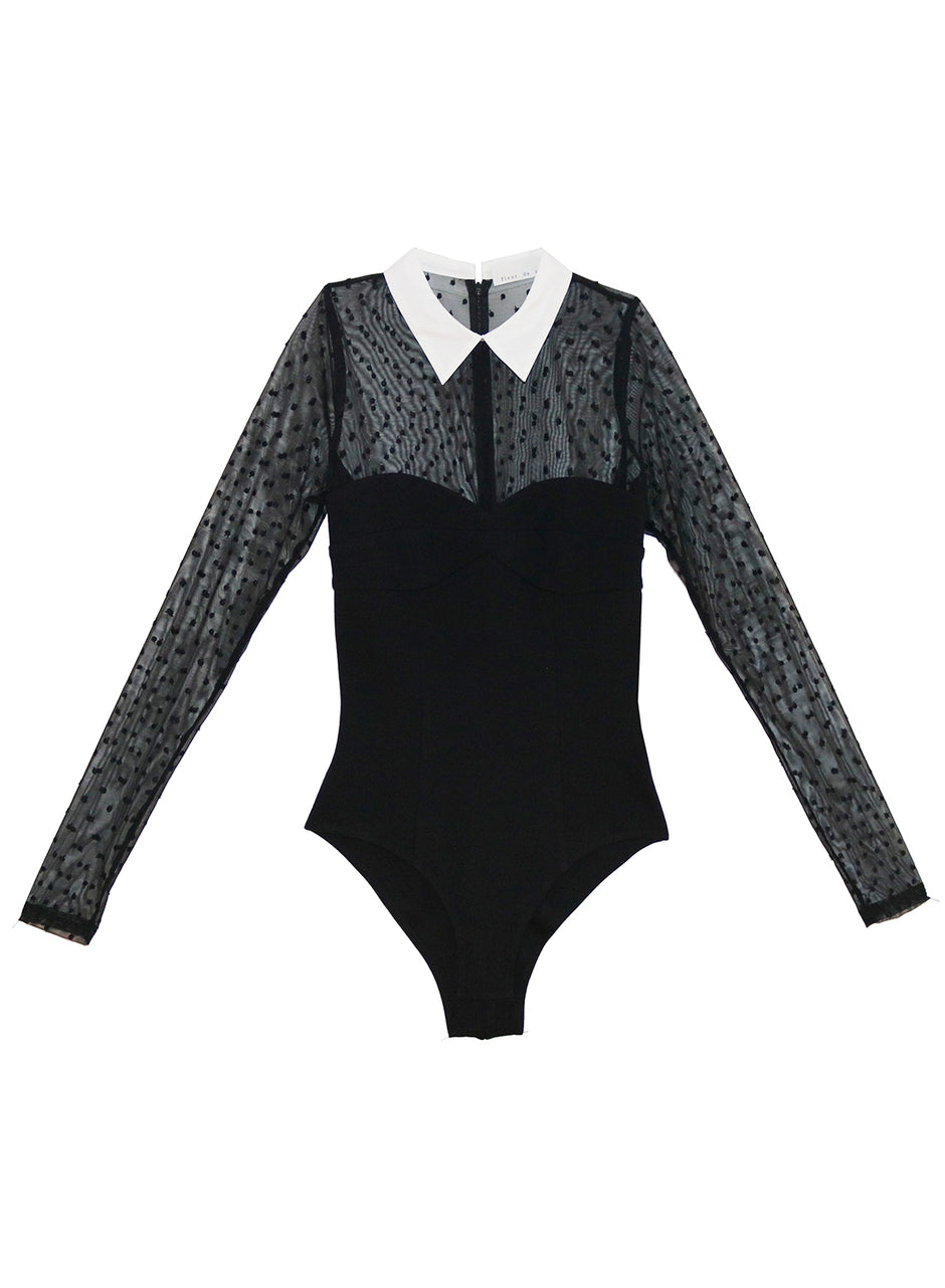 Black - Collared Bodysuit with Dotted Tulle | Fleur du Mal