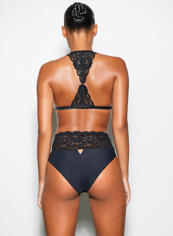 High-waisted thong lace lurex black - Glam Lace