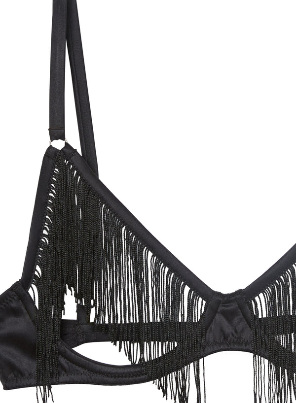  The Little Connection Sexy Black Leather Fringe Bra