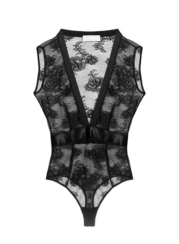 Black - Bouquet Lace Deep V Bodysuit | Fleur du Mal