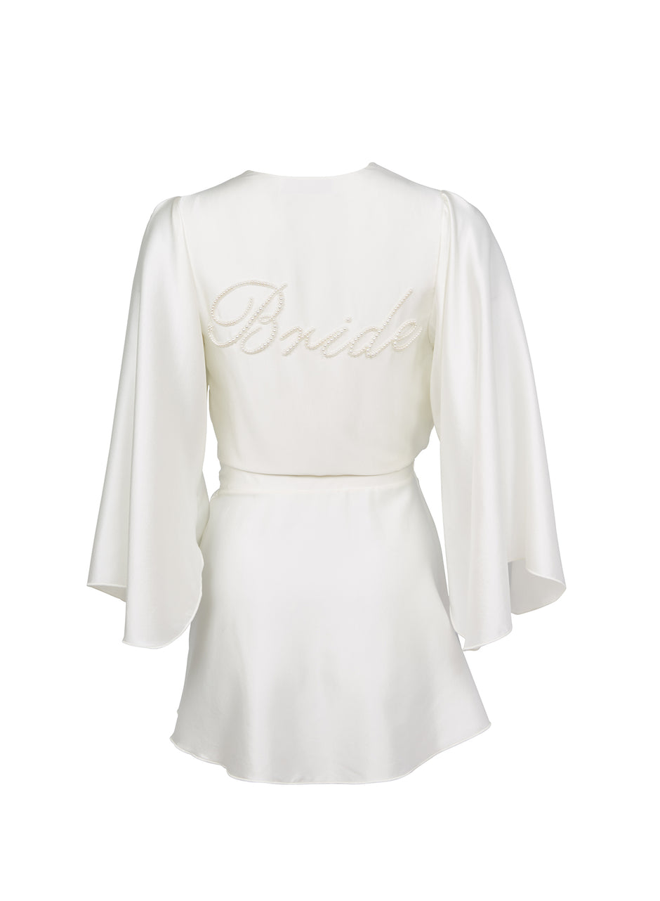 Ivory - Bride Embroidered Angel Sleeve Robe | Fleur du Mal