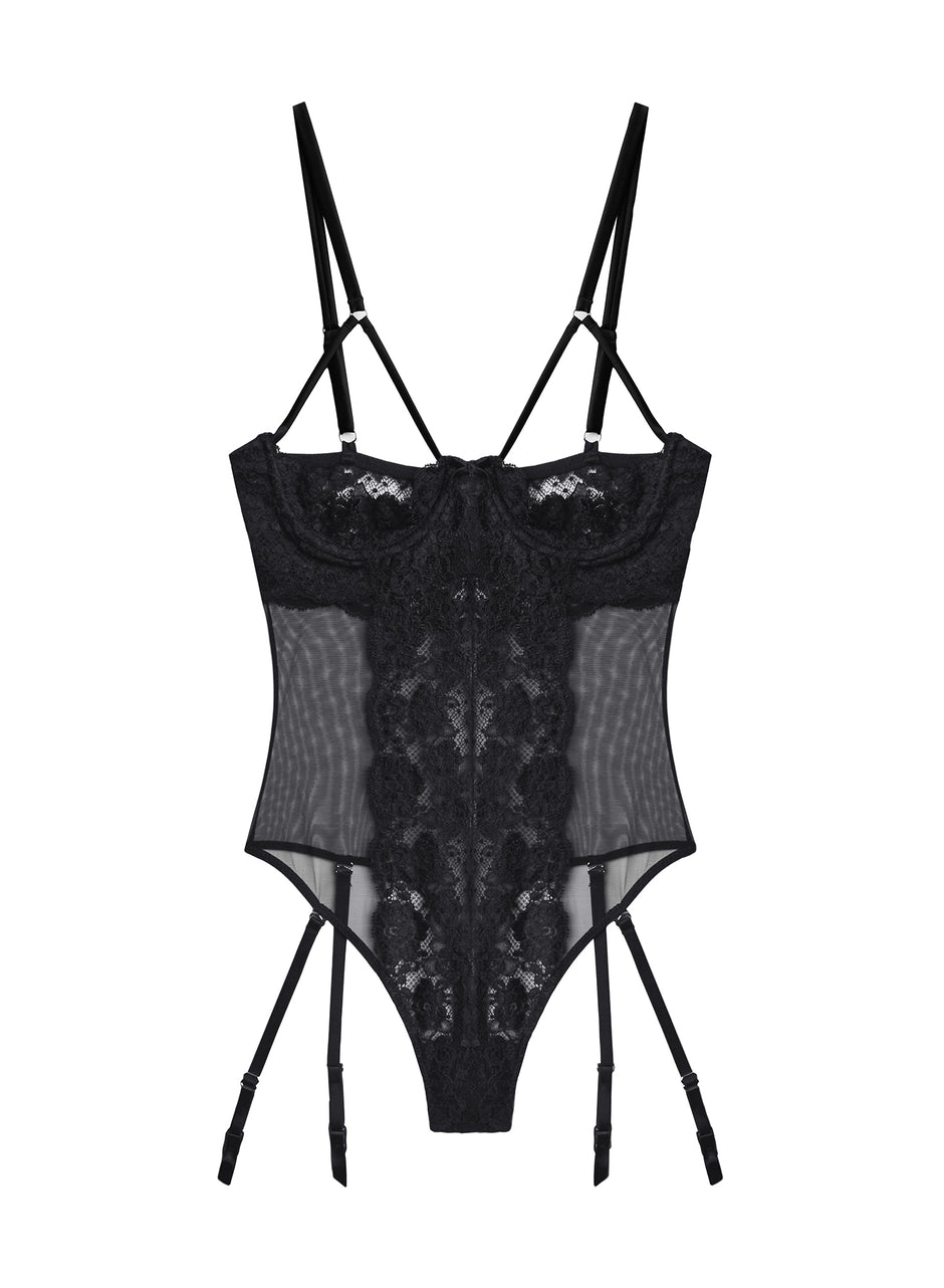 Black - Foxy Lace Peekaboo Garter Bodysuit | Fleur du Mal