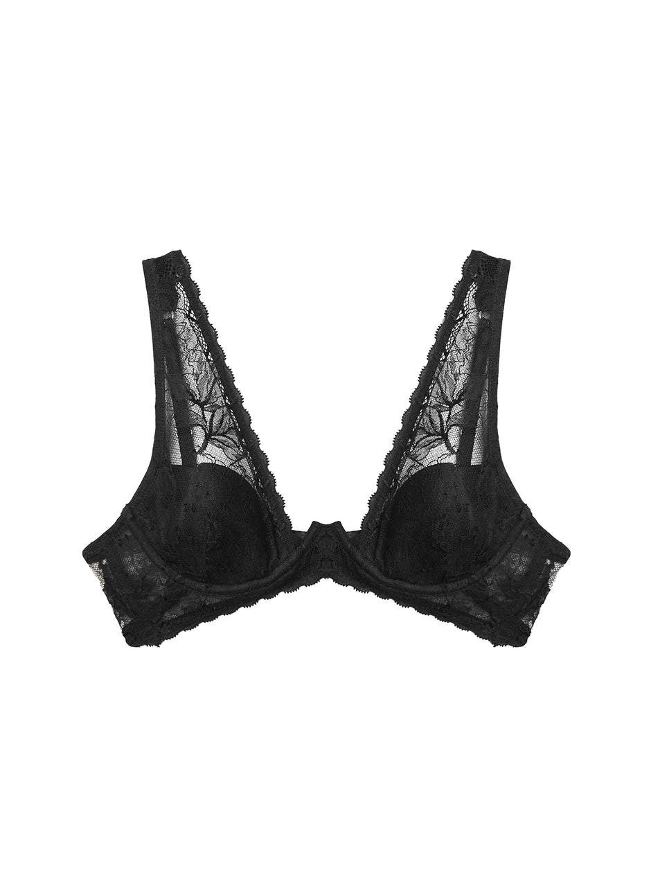 Black - Gardenia Lace Overlay Demi Bra | Fleur du Mal