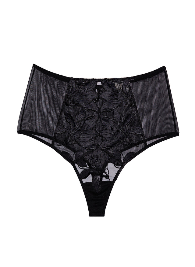 Black - Lily Embroidery High Waist Thong | Fleur du Mal