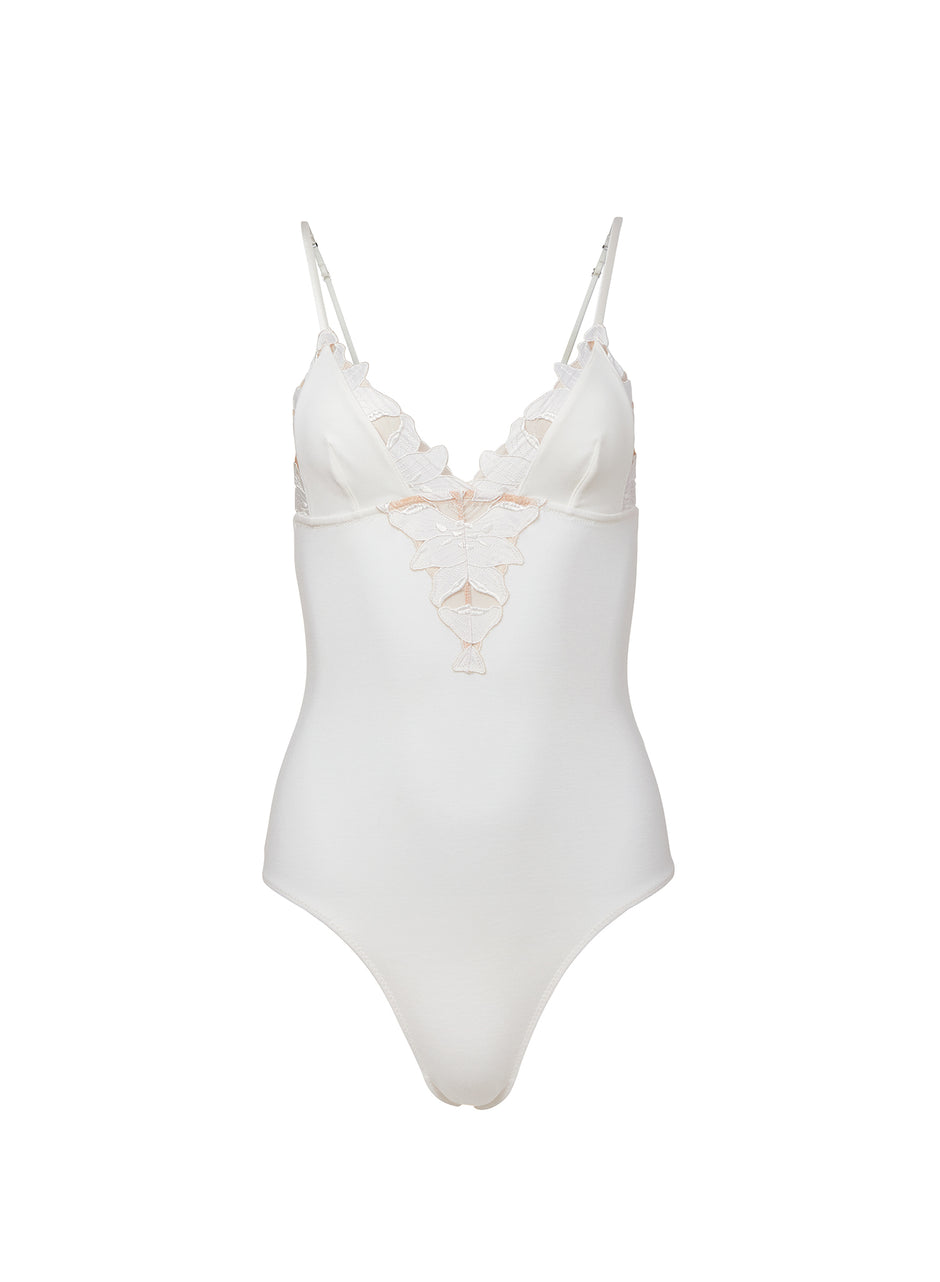 Ivory - Lily Embroidery V-Neck Plunge Bodysuit | Fleur du Mal